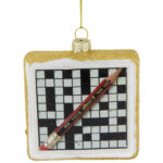 3.5" Crossword Puzzle With Pencil Glass Christmas Ornament   Bed Inside Embellish Like A Christmas Tree Crossword