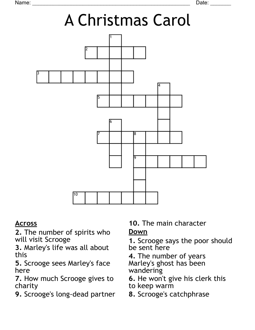 A Christmas Carol Crossword - Wordmint intended for Clerk in Christmas Carol Crossword
