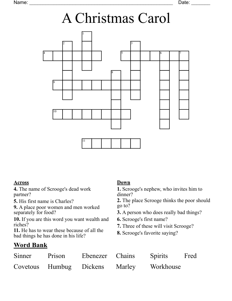 A Christmas Carol Crossword - Wordmint within Christmas Eve Visitor Crossword Clue
