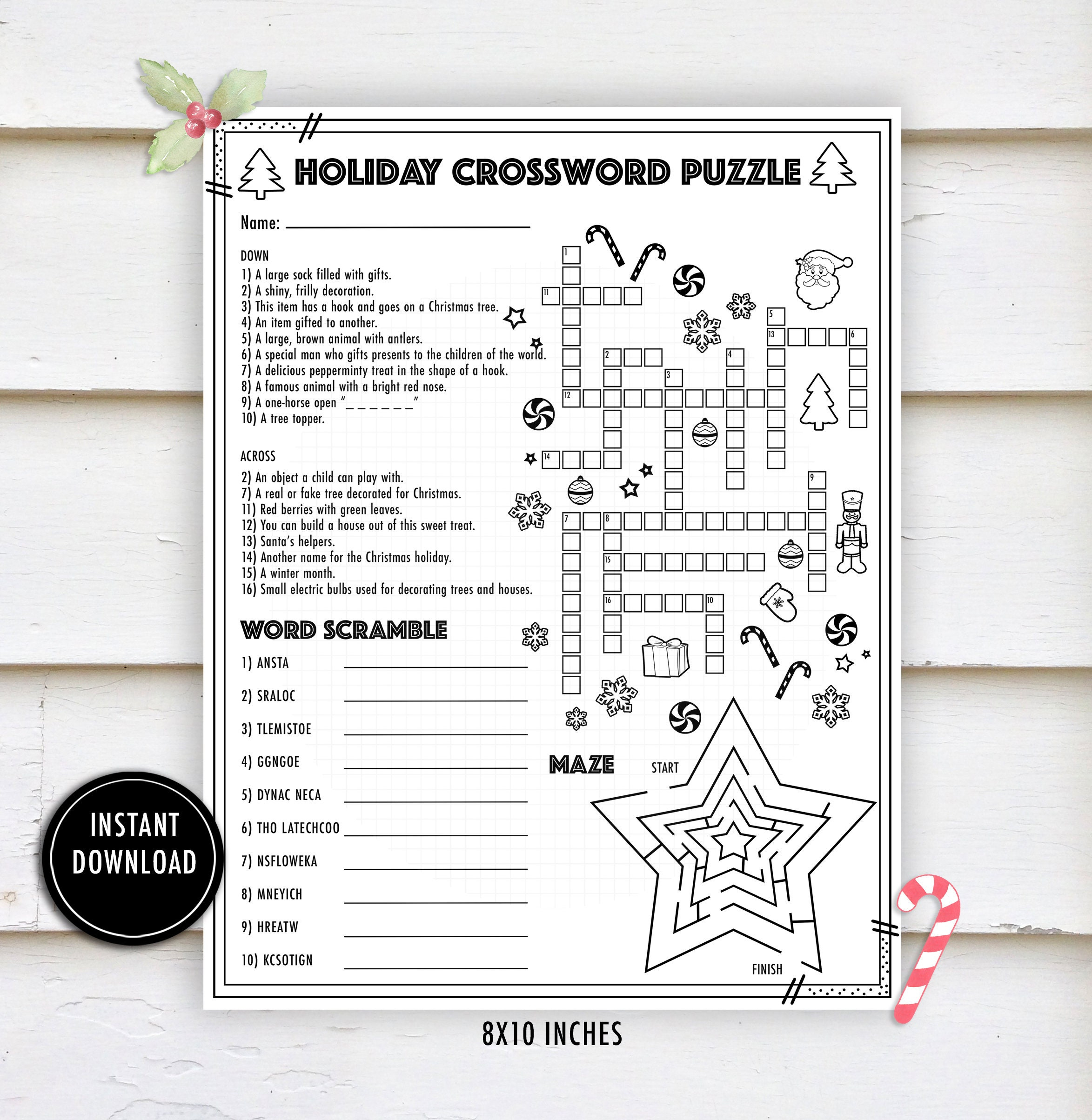 Christmas Crossword Activity Puzzle- &amp;quot;Christmas Worksheets&amp;quot; Winter for Large Print Christmas Crossword Puzzle