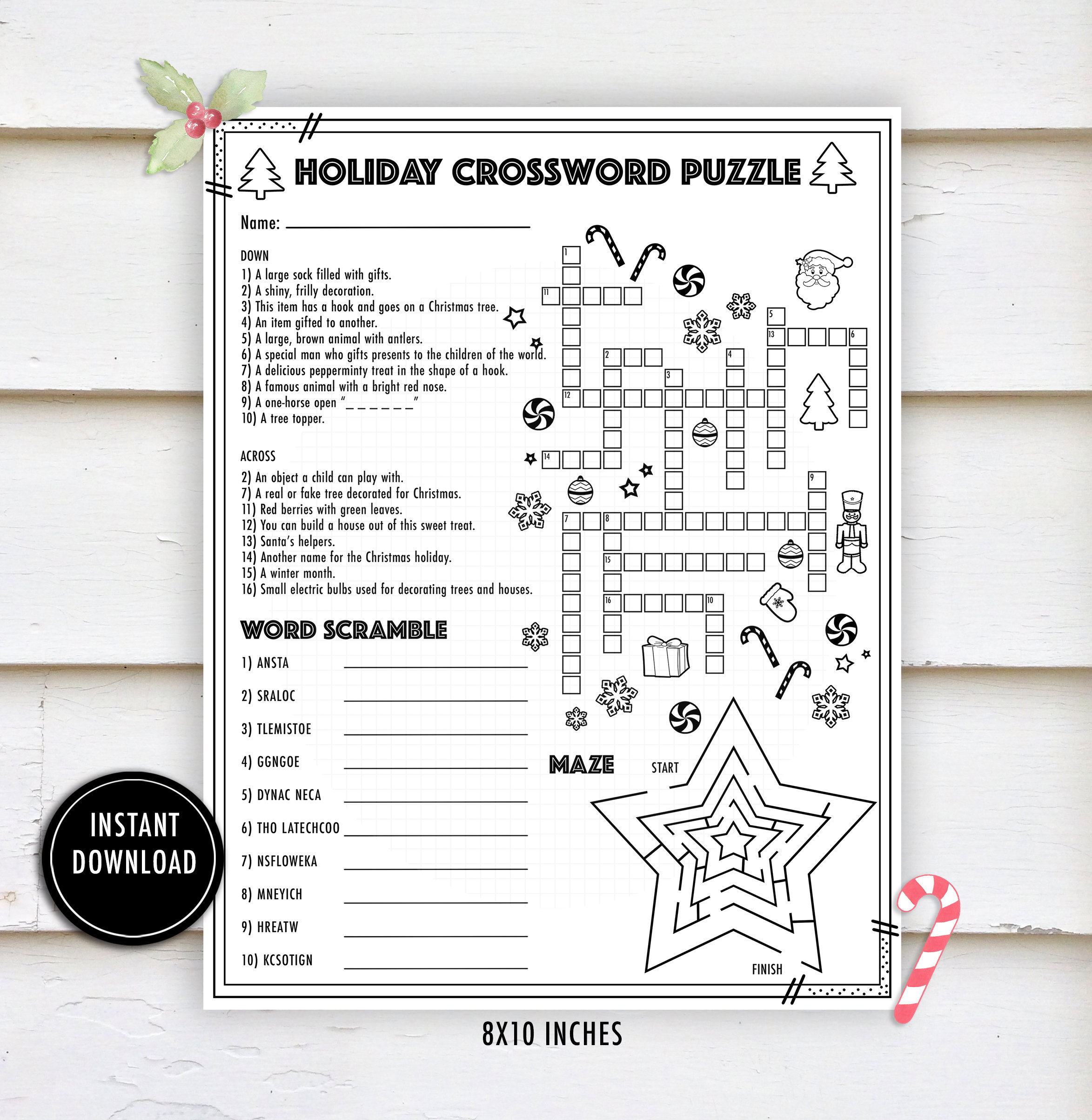 Christmas Crossword Activity Puzzle- &amp;quot;Christmas Worksheets&amp;quot; Winter in Christmas Holiday Crossword Puzzle