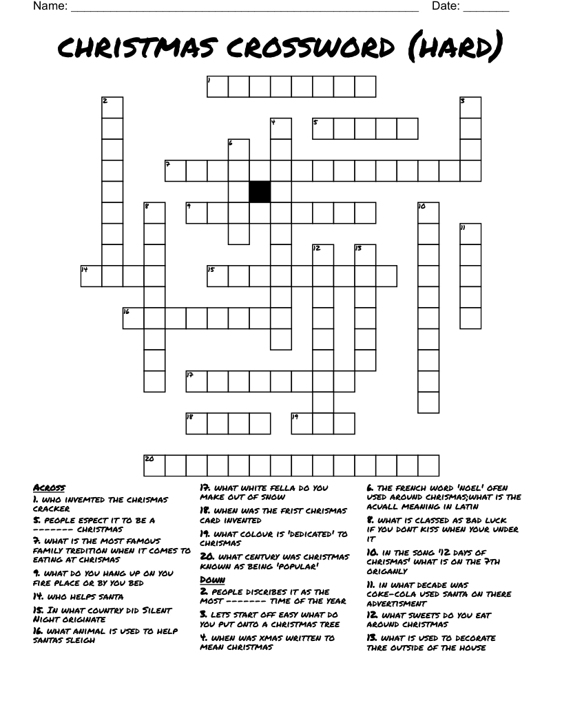 Christmas Crossword (Hard) - Wordmint for Difficult Christmas Crossword Puzzle