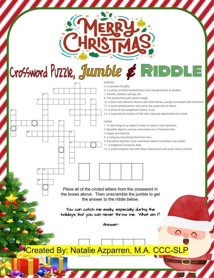 Christmas Crossword Puzzle, Jumble, And Riddle Jokes Activity intended for Christmas Evergreen Crossword Clue