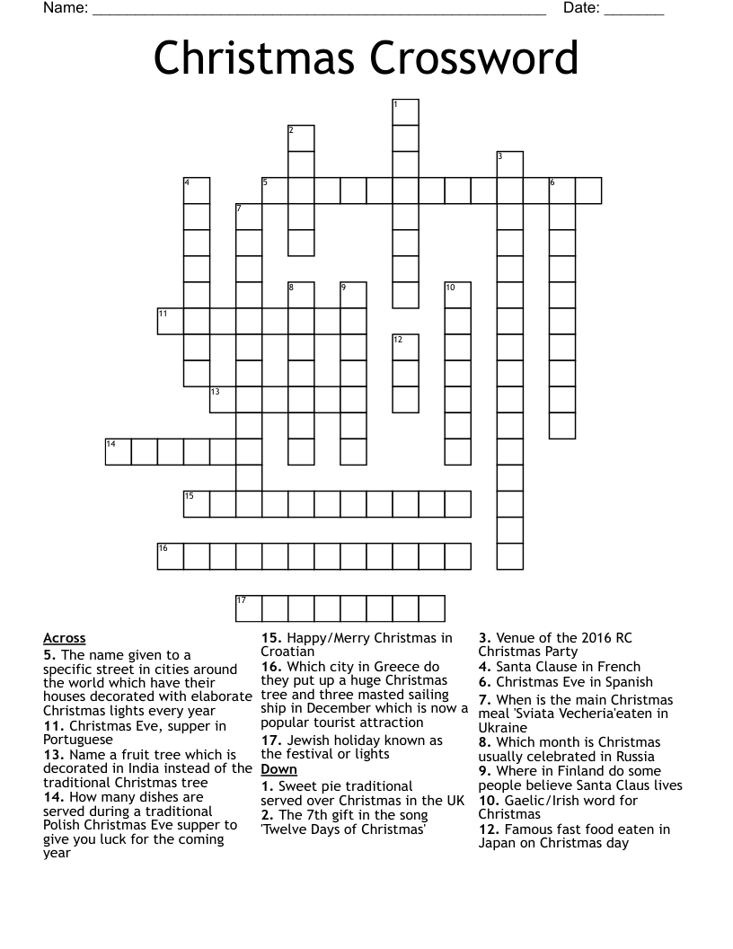 Christmas Crossword - Wordmint throughout Place For Christmas Lights Crossword