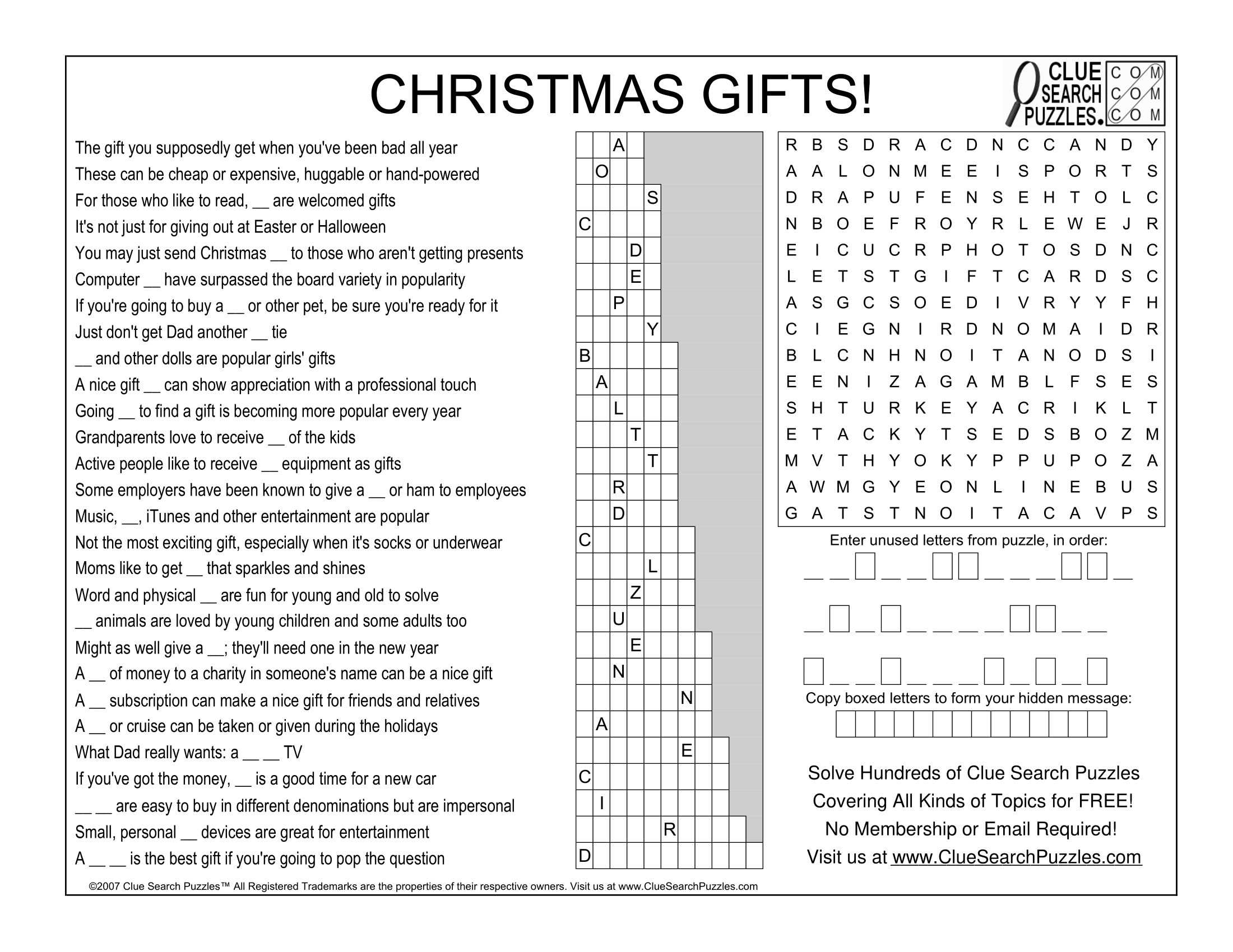 Christmas Gifts Trivia Quiz with Christmas Gifts Crossword Puzzle Answers