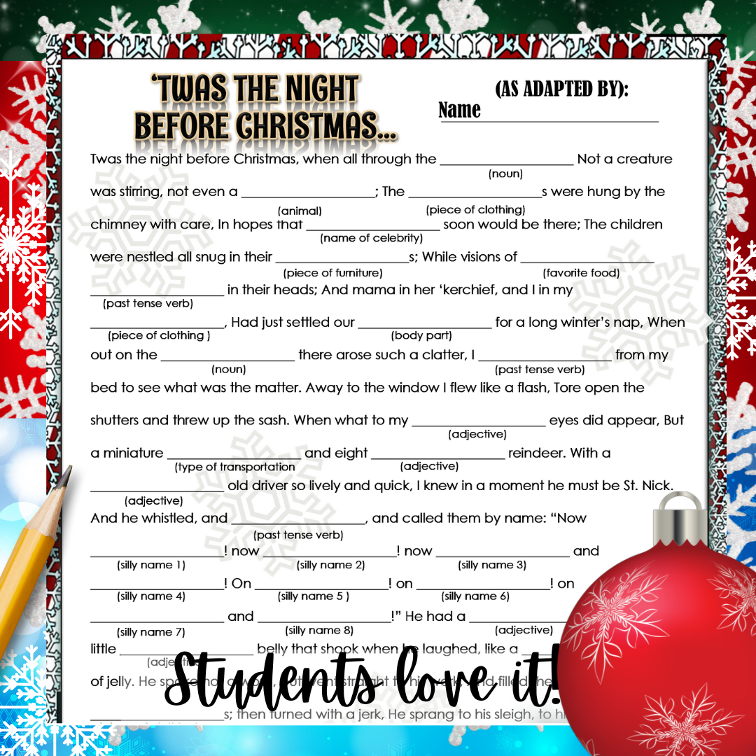 Christmas Holiday Activities For Middle School Ela English: Mad in Part Of A Beloved Christmas Poem Crossword