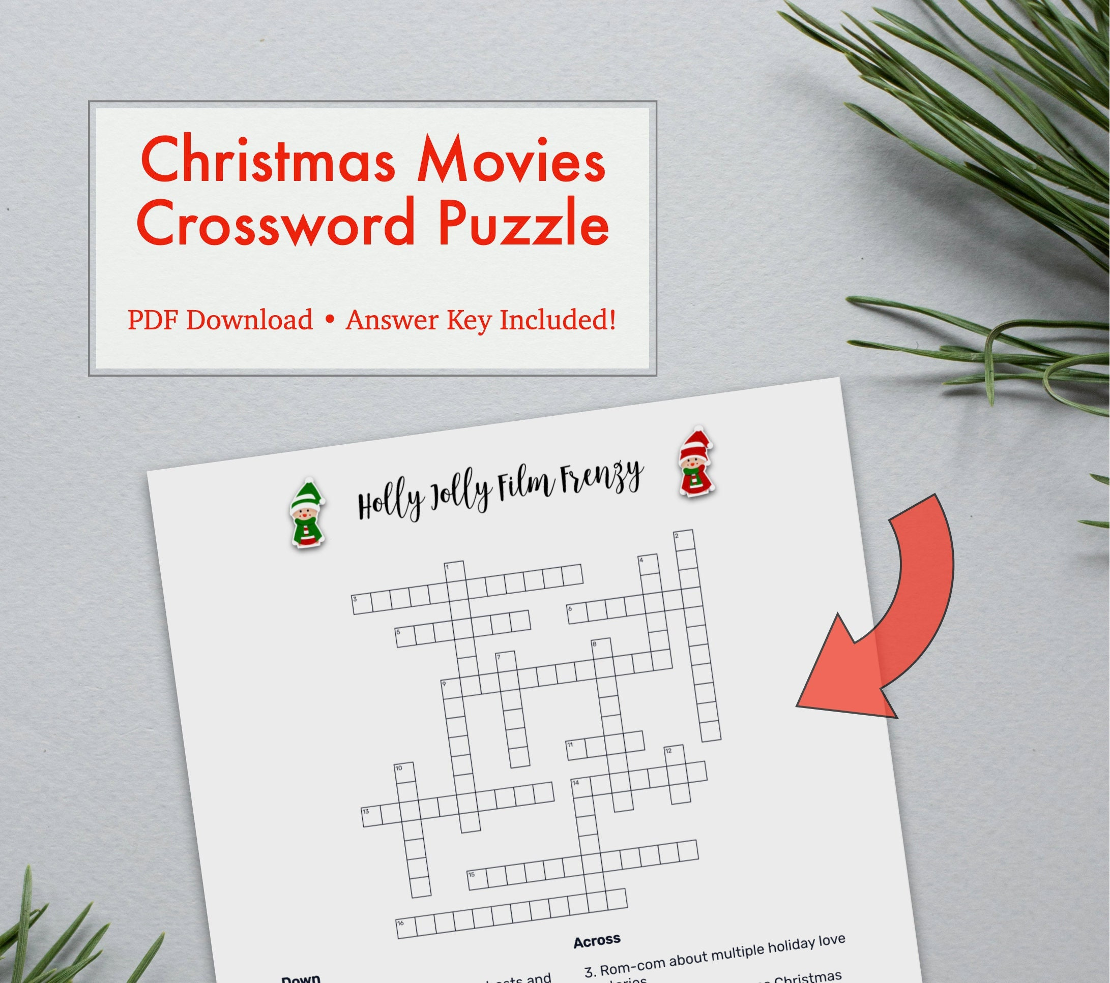 Christmas Movie Crossword Puzzle, Instant Printable Pdf Download inside Christmas Movies Crossword Puzzle