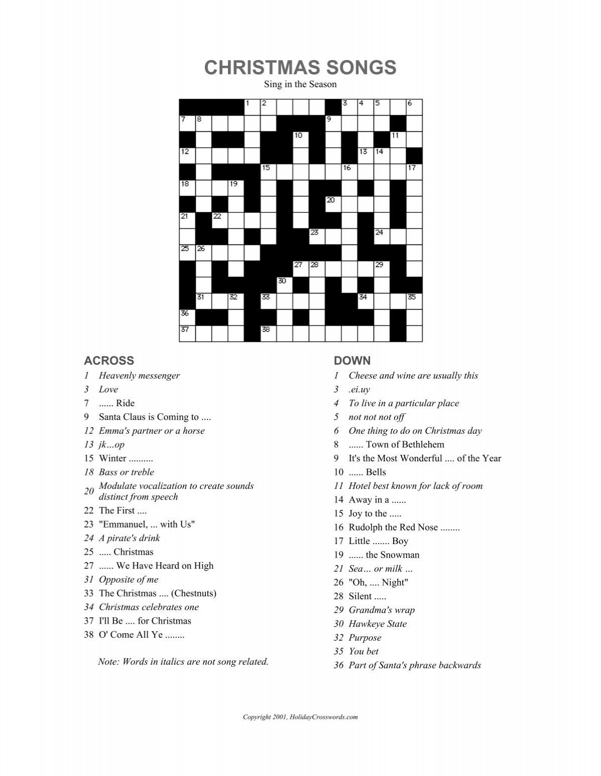 Christmas Songs Crossword Puzzle - Party Puzzle - Newsword within Christmas Season Song Crossword Clue