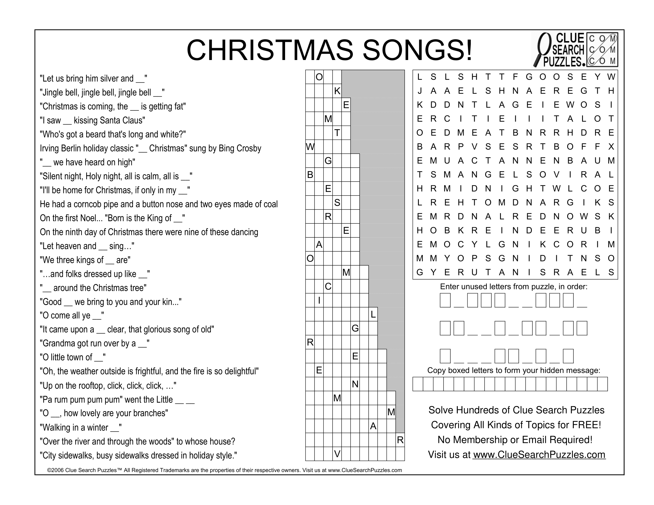 Christmas Songs Trivia Quiz with A Christmas Song Crossword