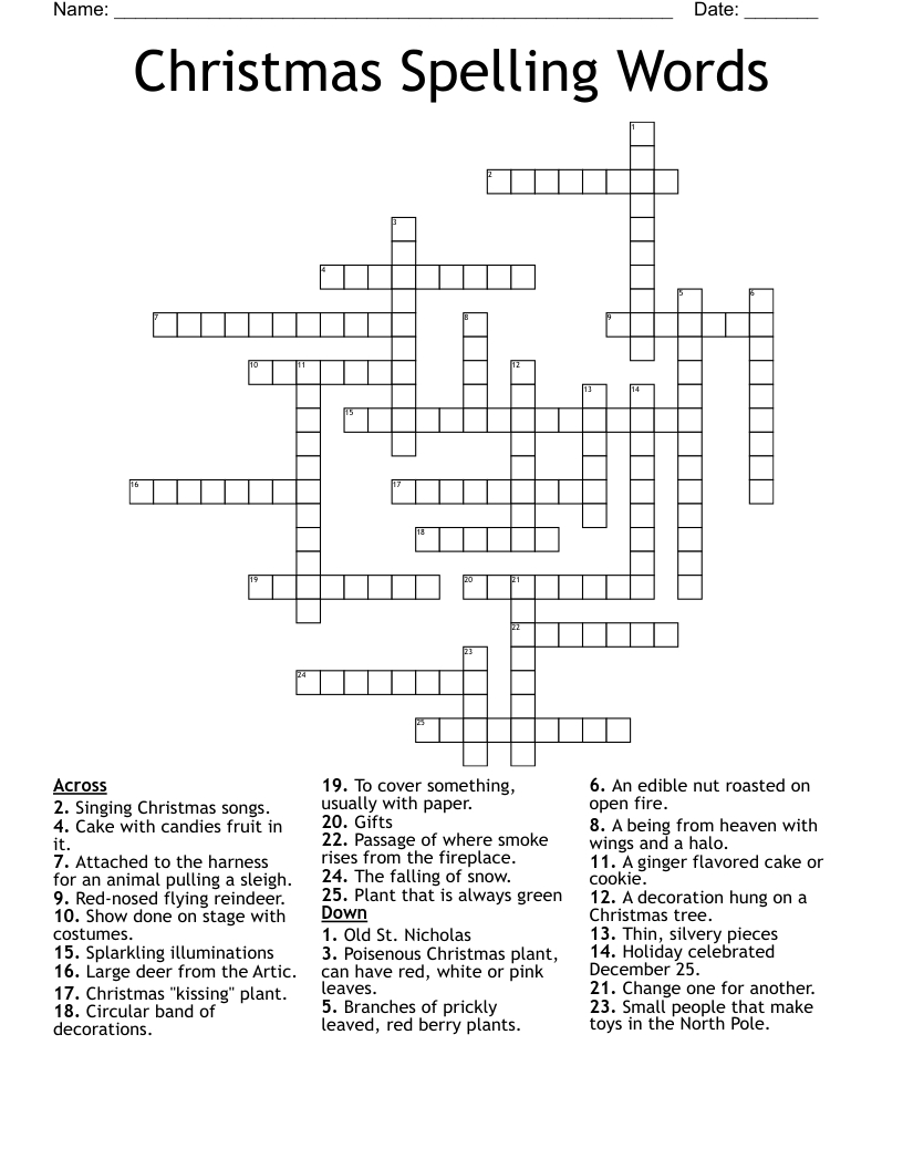 Christmas Spelling Words Crossword - Wordmint throughout Christmas Kissing Plant Crossword Clue