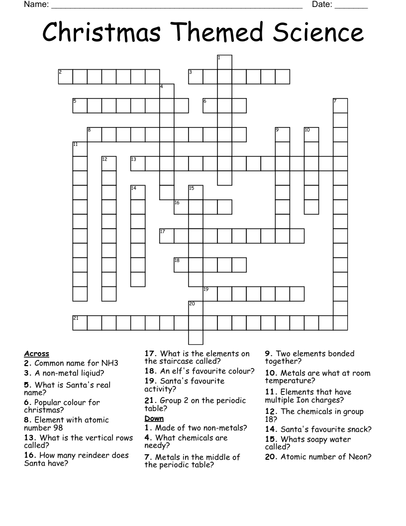 Christmas Themed Science Crossword - Wordmint in Christmas Science Crossword Answer Key