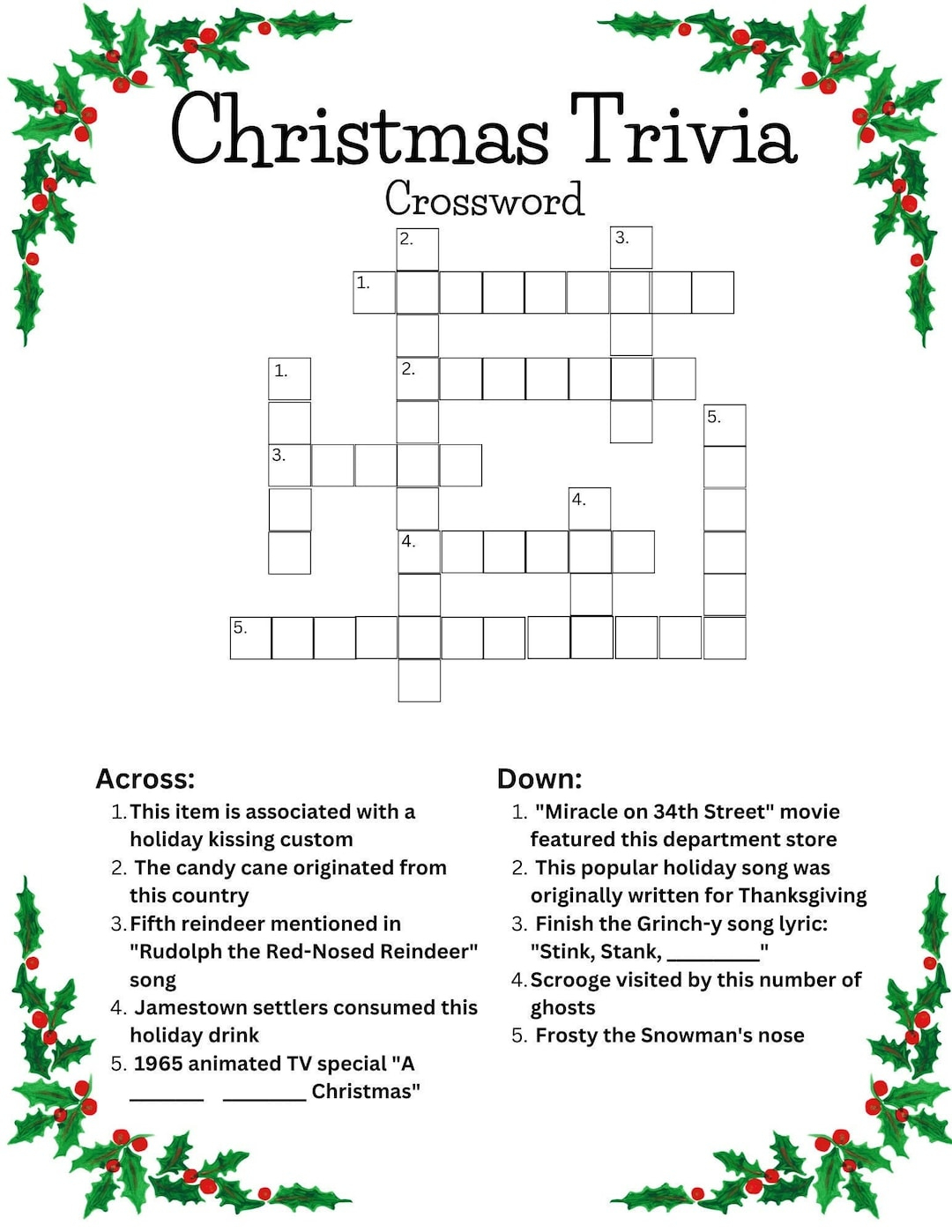 Christmas Trivia Crossword - Etsy Canada inside Christmas Trivia Crossword Puzzle