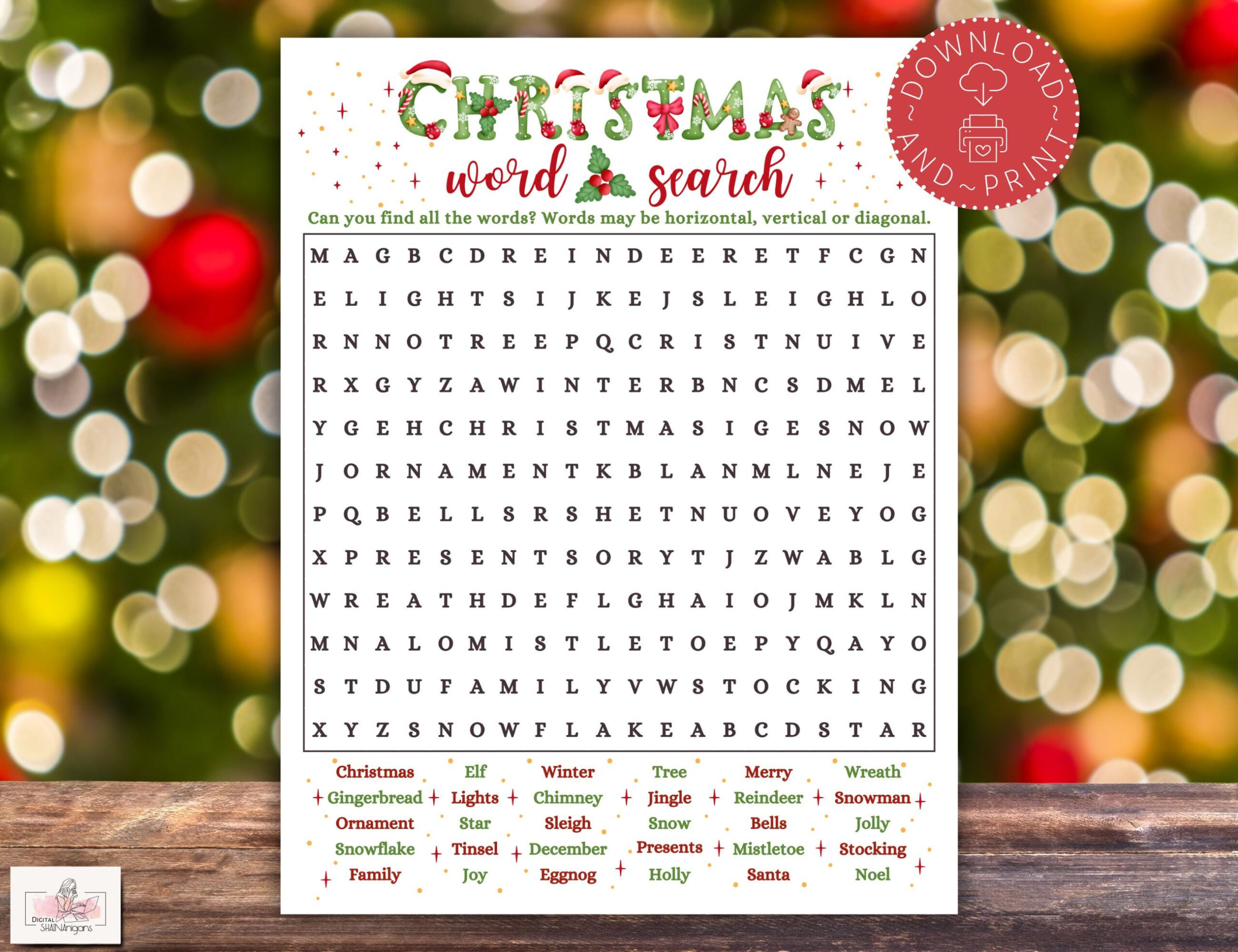 Christmas Word Search Game Printable, Christmas Party Game, Word with Christmas Wreath Material Crossword Puzzle
