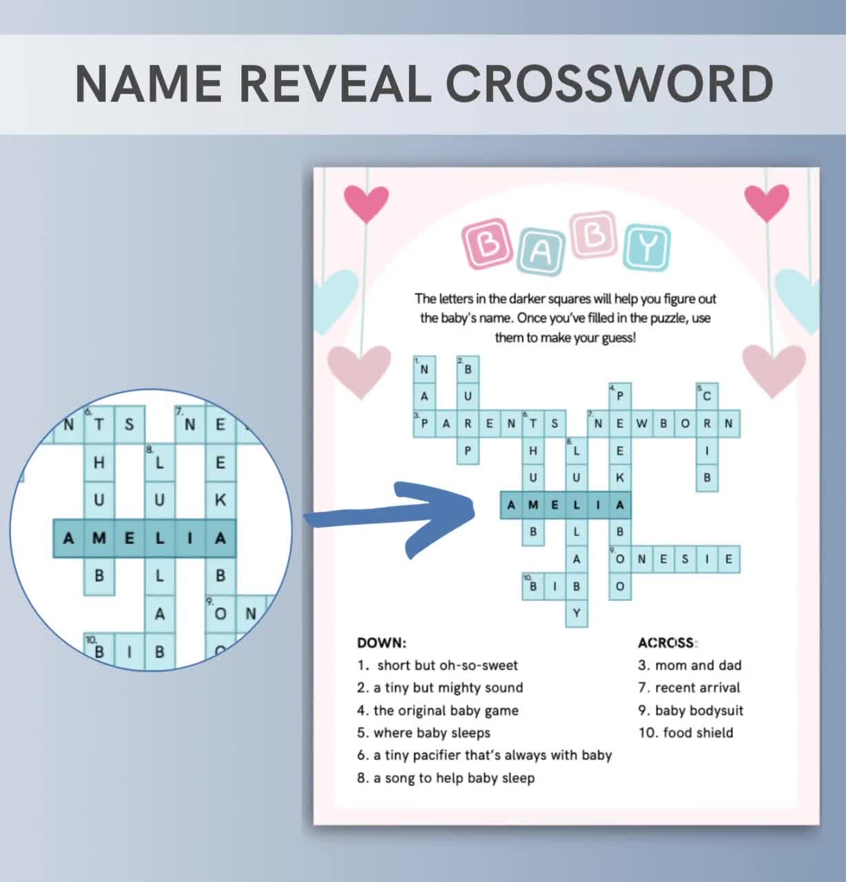 customized name reveal crossword game name announcement personalized name reveal game blue and pink baby shower games with christmas dinner centerpiece crossword 3 letters Customized Name Reveal Crossword Game | Name Announcement | Personalized Name Reveal Game | Blue And Pink Baby Shower Games with Christmas Dinner Centerpiece Crossword 3 Letters