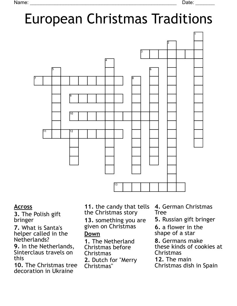 European Christmas Traditions Crossword - Wordmint within Traditional Christmas Decoration Crossword