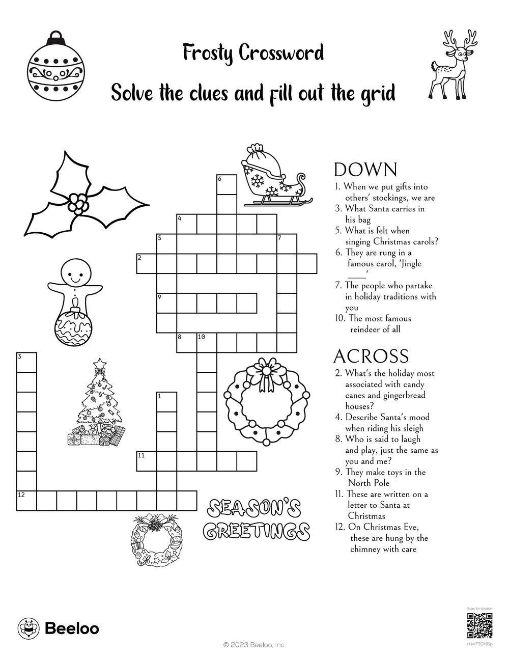 Frosty Crossword • Beeloo Printable Crafts And Activities For Kids with Christmas Carols Crossword Clue 5 Letters