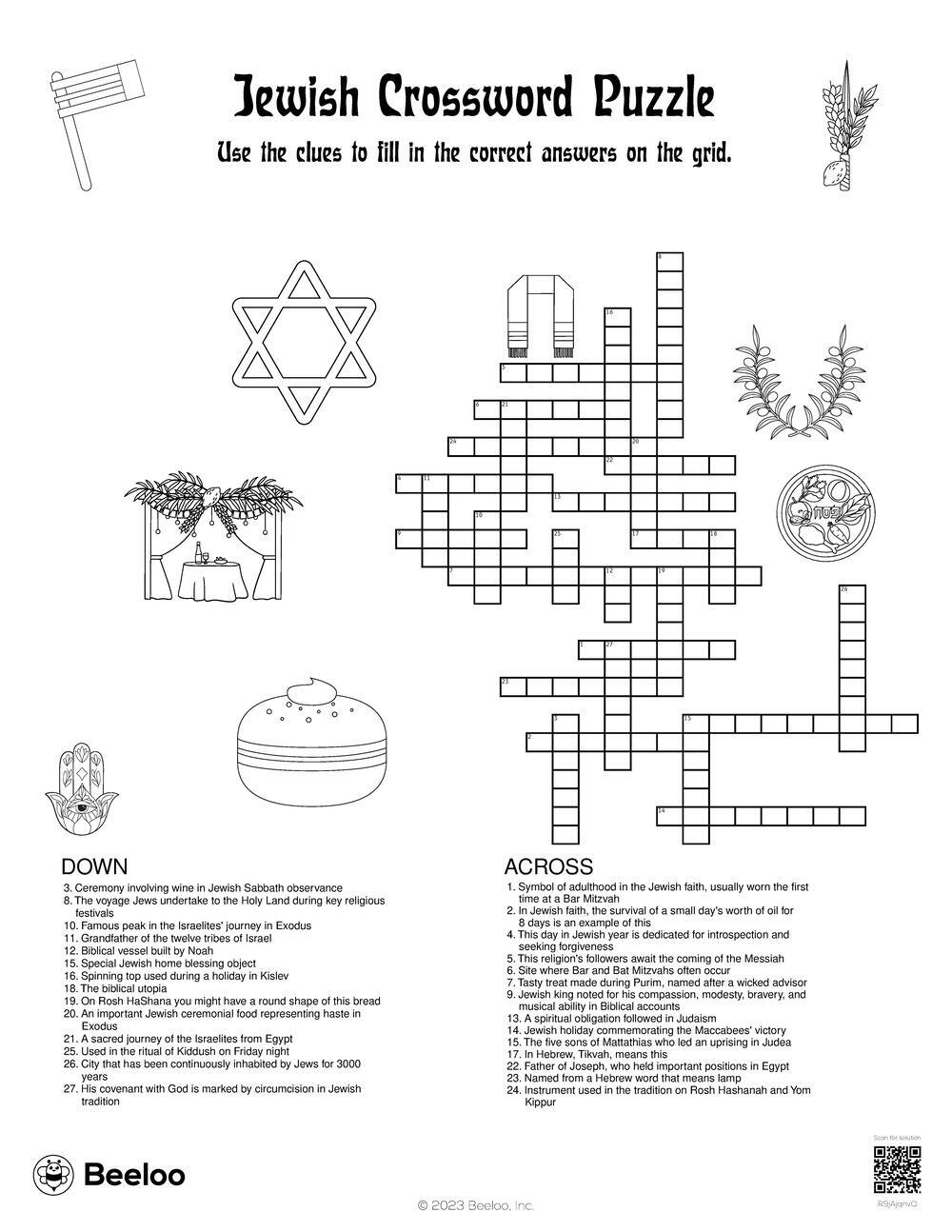Jewish-Themed Crossword Puzzles • Beeloo Printable Crafts And for Christmas Eve Cuisine For Jews Crossword