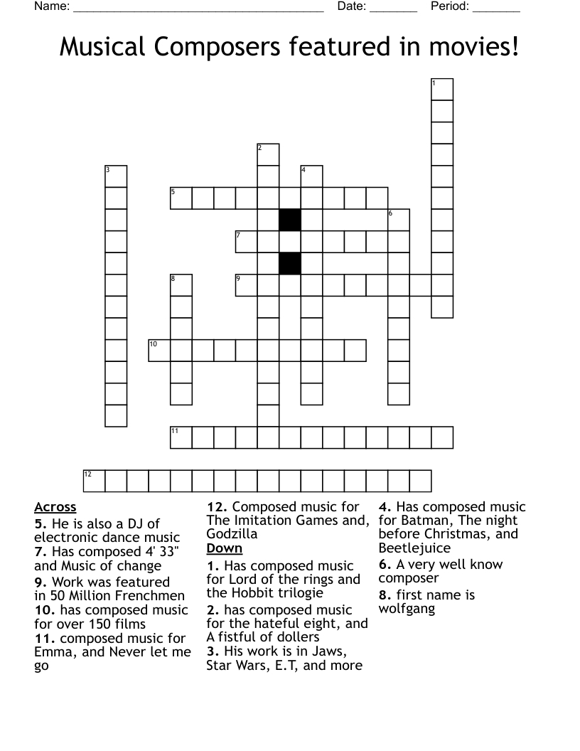 Musical Composers Featured In Movies! Crossword - Wordmint regarding White Christmas Composer Crossword Clue