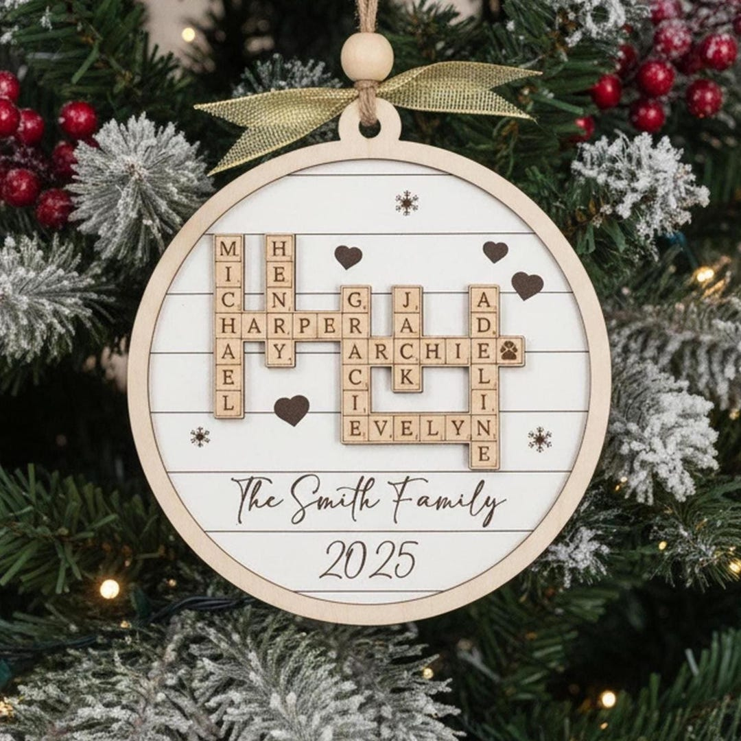 Personalized Family Crossword Wooden Ornament For Christmas Tree regarding Spherical Christmas Tree Ornament Crossword Clue