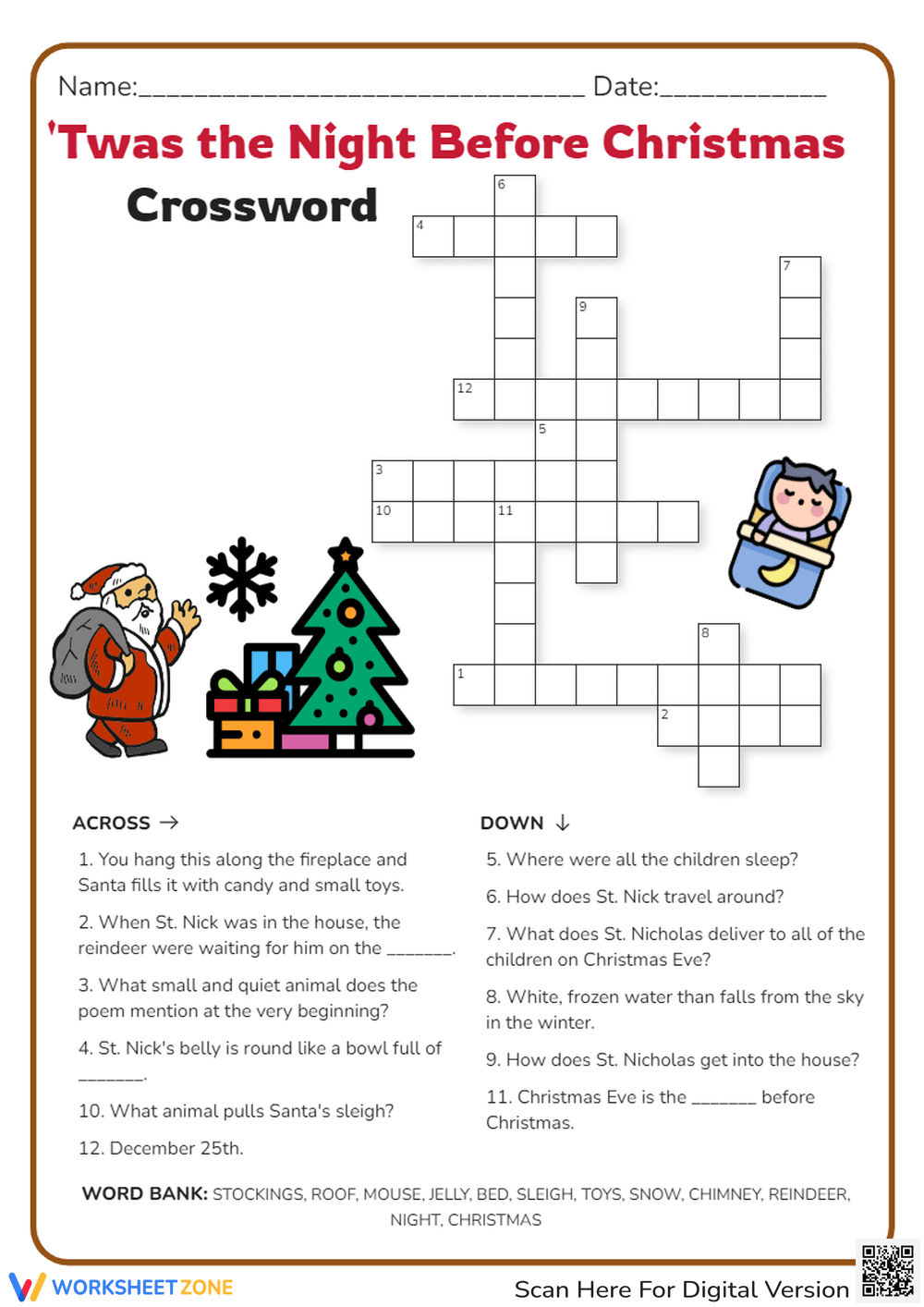 Printable Grade 7 Holidays Crossword Worksheets Download throughout The Night Before Christmas Crossword