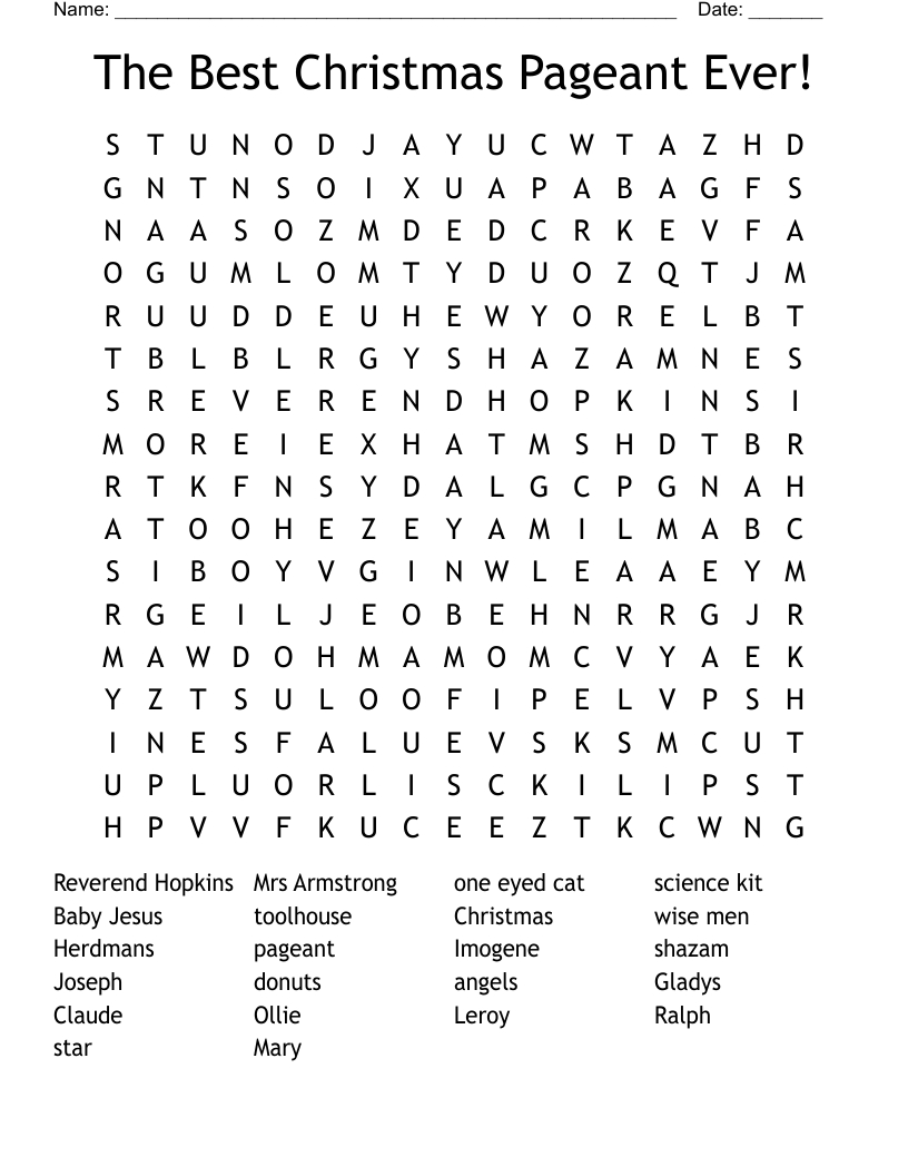The Best Christmas Pageant Ever! Word Search - Wordmint for The Best Christmas Pageant Ever Crossword Puzzle