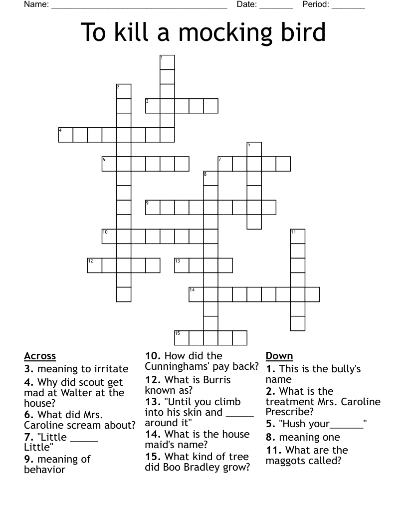 To Kill A Mocking Bird Crossword - Wordmint with regard to Birds in a Christmas Carol Crossword