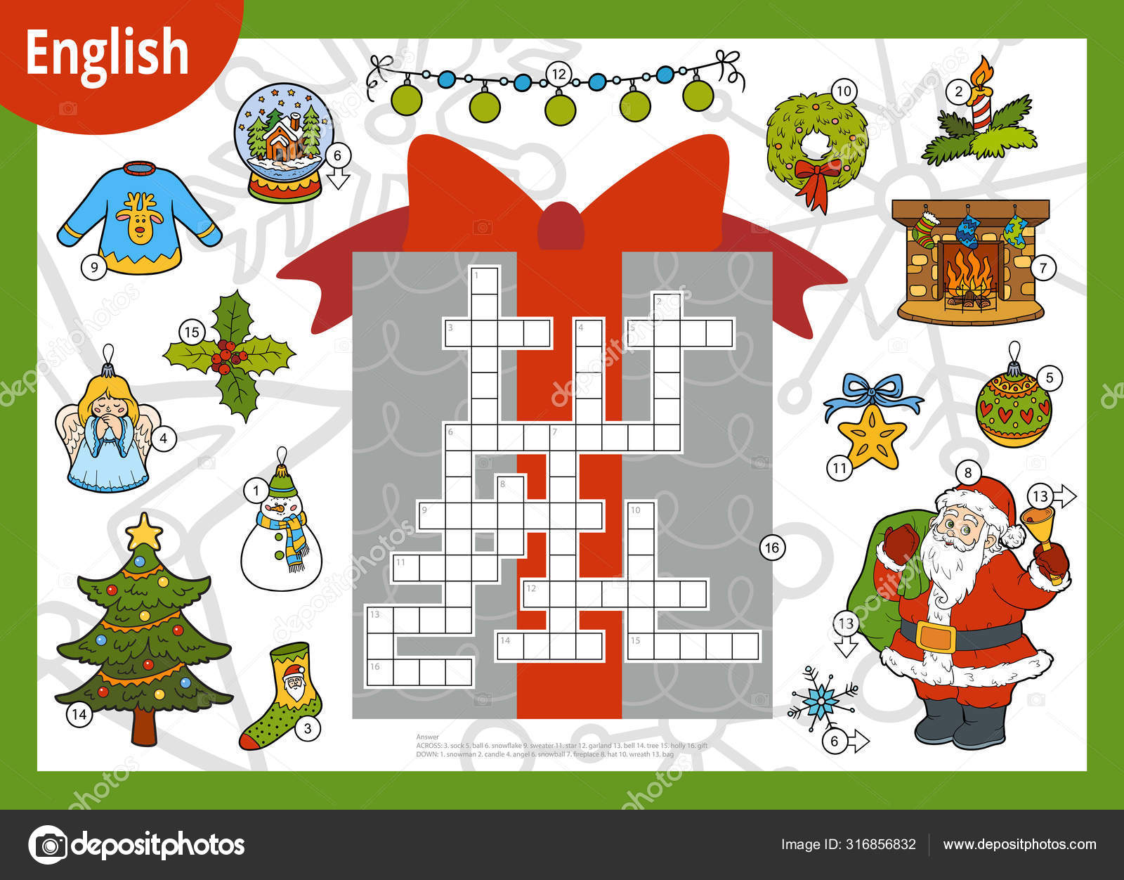 Vector Crossword In English, Education Game For Children. Santa for Christmas Crossword Puzzle Education.Com